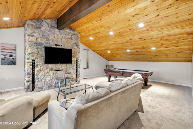 carpeted living room with wood ceiling, a fireplace, lofted ceiling with beams, and baseboards