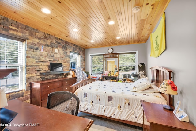 bedroom featuring recessed lighting and wooden ceiling