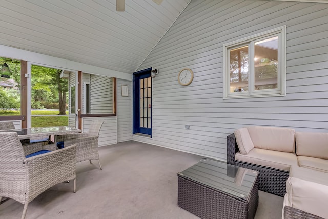 106 Legends Ct, East Stroudsburg, PA 18302 - sunroom featuring an outdoor living space, lofted ceiling, and ceiling fan