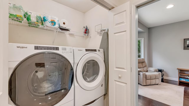 106 Legends Ct, East Stroudsburg, PA 18302 - laundry area with dark wood finished floors, washer and dryer, and recessed lighting