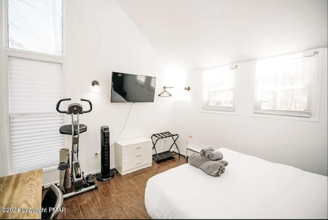 bedroom featuring vaulted ceiling and dark wood-type flooring