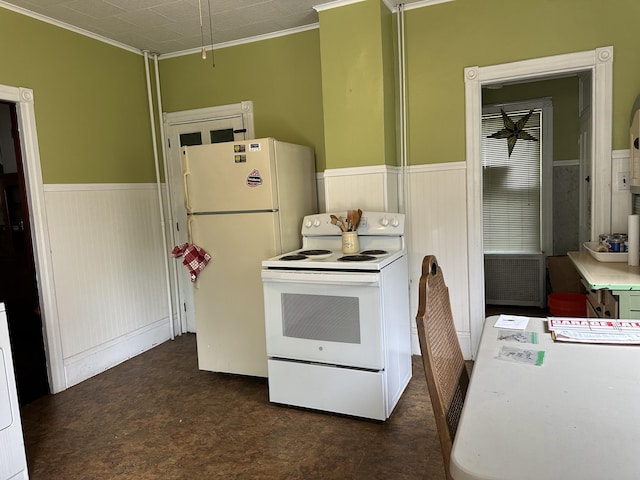 846 Thomas St, Stroudsburg, PA 18360 - kitchen with white appliances, wainscoting, crown molding, and tile patterned floors