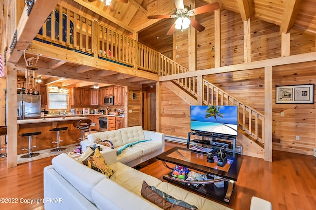 living room featuring wood ceiling, wooden walls, and wood finished floors