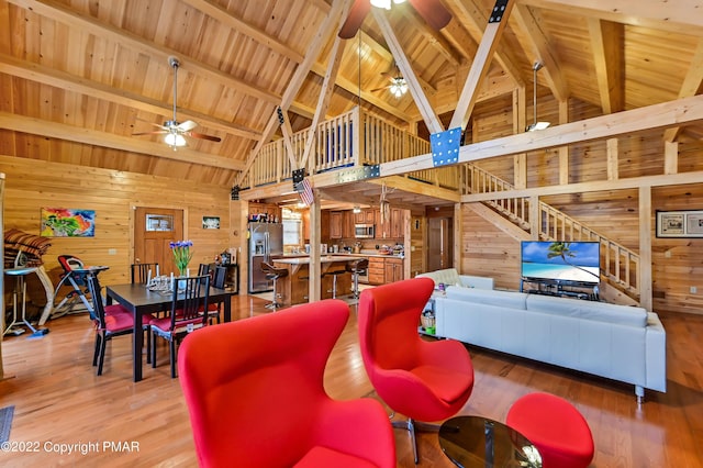 living area featuring light wood finished floors, wooden ceiling, and wooden walls