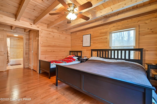 bedroom featuring light wood-type flooring, wooden ceiling, beamed ceiling, and wood walls