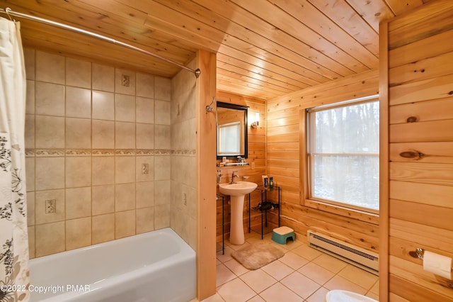 full bathroom featuring wood ceiling, a baseboard radiator, shower / tub combo with curtain, tile patterned floors, and wood walls