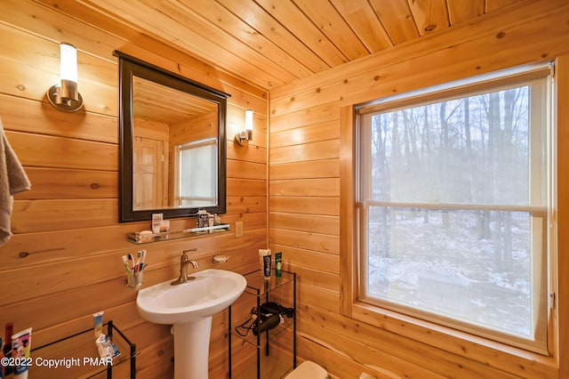 bathroom featuring wood ceiling, plenty of natural light, wooden walls, and a sink