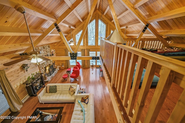 living room featuring wood ceiling, beam ceiling, hardwood / wood-style flooring, and wooden walls