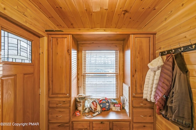 mudroom featuring wood ceiling