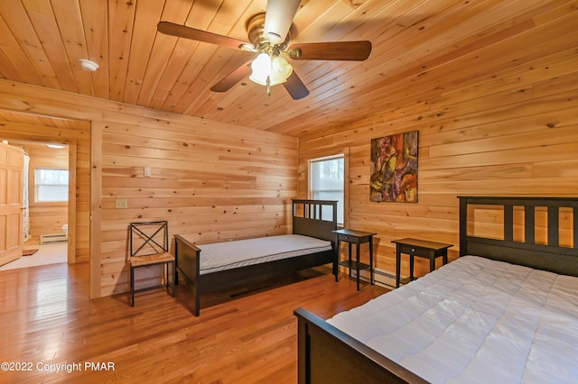 bedroom with wood walls, wood ceiling, multiple windows, and wood finished floors