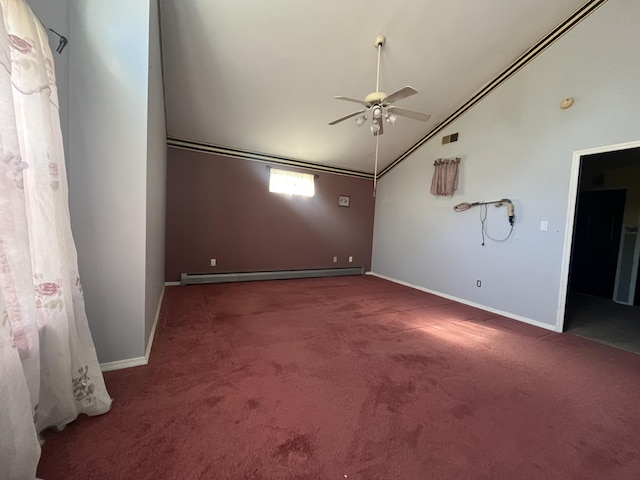 carpeted empty room featuring a baseboard heating unit, a ceiling fan, visible vents, and baseboards