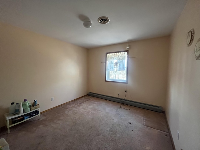 unfurnished room with baseboards, a baseboard radiator, carpet floors, and visible vents