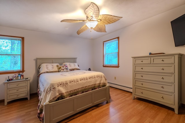 113 Larsen Ln, Cresco, PA 18326 - bedroom with a baseboard heating unit, multiple windows, light wood finished floors, and a ceiling fan