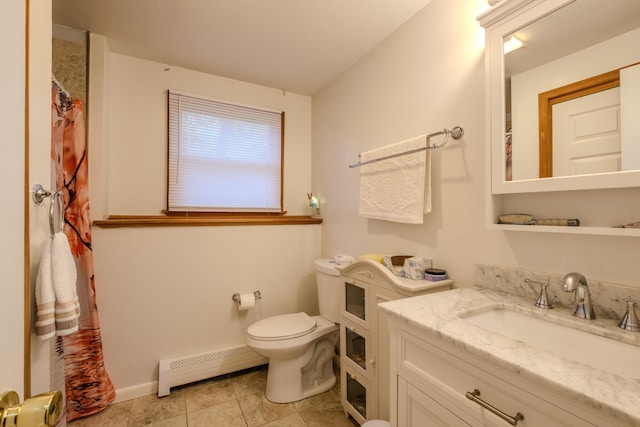 113 Larsen Ln, Cresco, PA 18326 - bathroom featuring a baseboard heating unit, vanity, tile patterned flooring, and curtained shower