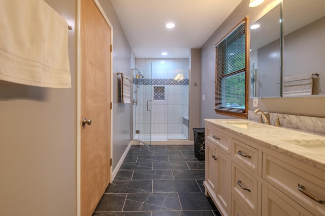 113 Larsen Ln, Cresco, PA 18326 - bathroom featuring a stall shower, double vanity, and recessed lighting