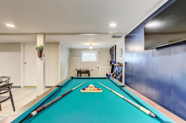 game room with wood walls, billiards, visible vents, and wood finished floors