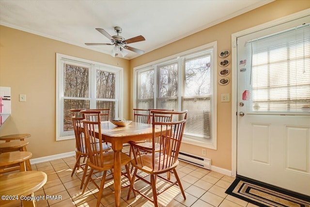 dining area featuring light tile patterned floors, ceiling fan, and crown molding