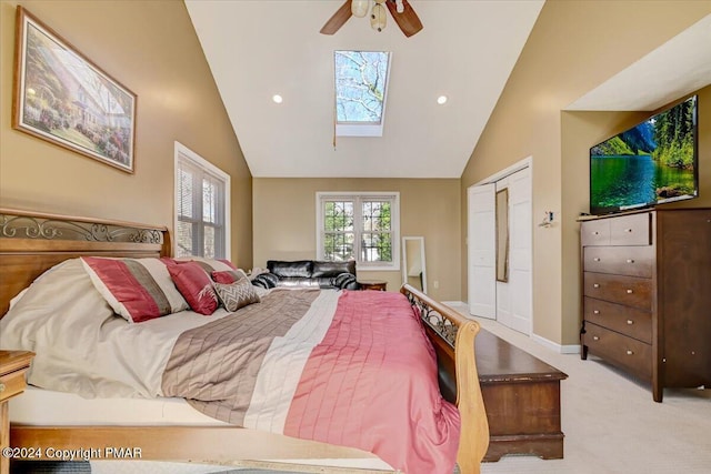 bedroom with high vaulted ceiling, carpet, recessed lighting, and a ceiling fan