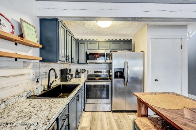 kitchen with sink, light stone counters, a textured ceiling, stainless steel appliances, and light hardwood / wood-style floors