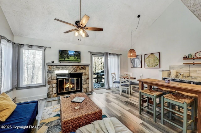 living room featuring lofted ceiling, a healthy amount of sunlight, a fireplace, and light hardwood / wood-style floors