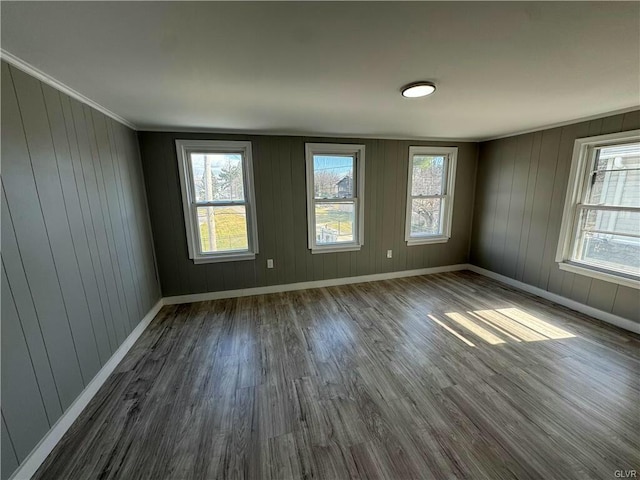 unfurnished room featuring baseboards, dark wood-style flooring, and a wealth of natural light