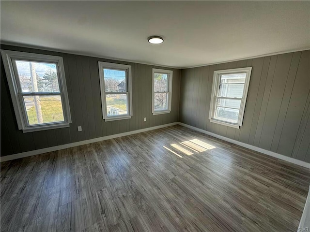spare room with baseboards, a wealth of natural light, and wood finished floors
