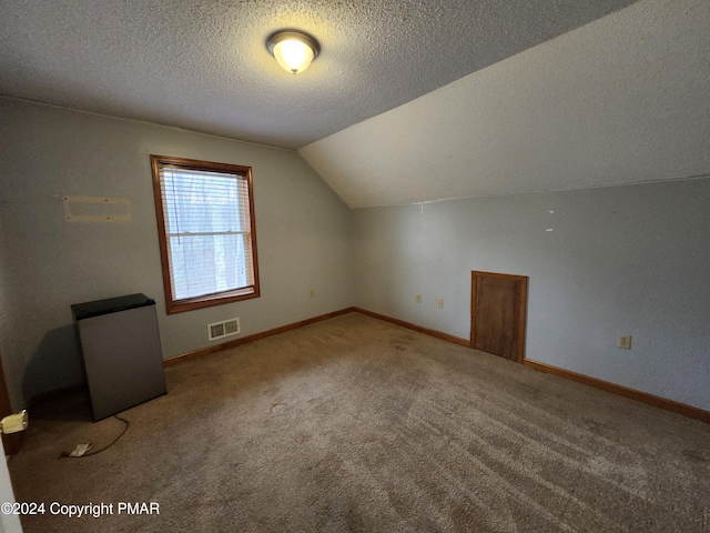 additional living space featuring baseboards, visible vents, carpet floors, lofted ceiling, and a textured ceiling