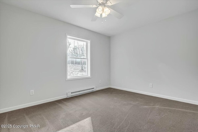 carpeted empty room featuring a baseboard heating unit, ceiling fan, and baseboards