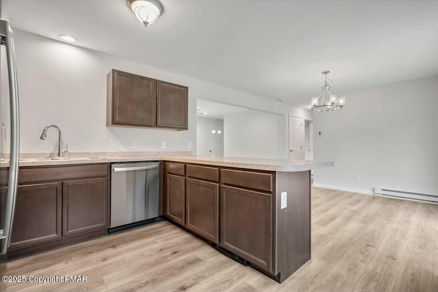 kitchen featuring light countertops, light wood-style floors, a sink, dishwasher, and a peninsula