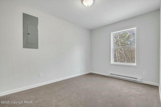 unfurnished room with a baseboard radiator, carpet flooring, electric panel, and baseboards