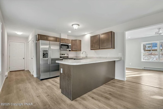 kitchen with a peninsula, light wood-style floors, light countertops, appliances with stainless steel finishes, and baseboard heating