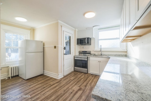 kitchen featuring stainless steel appliances, wood finished floors, a sink, radiator, and crown molding