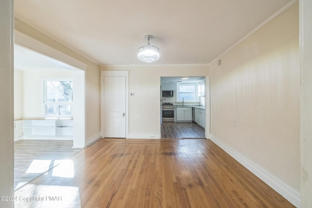 interior space with plenty of natural light, a sink, light wood-style flooring, and baseboards