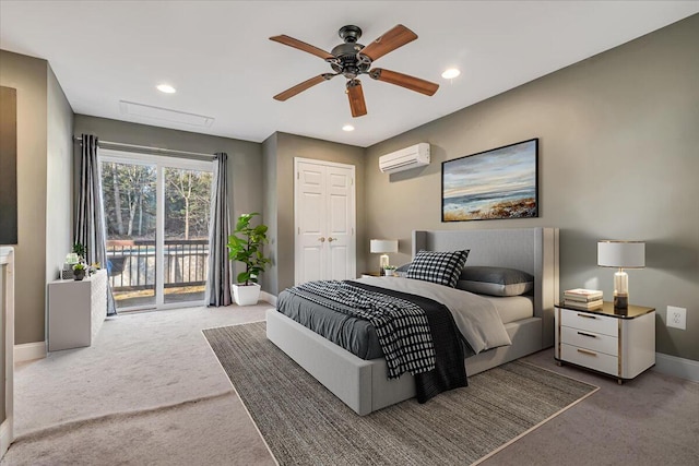 carpeted bedroom with access to outside, recessed lighting, baseboards, and a wall mounted air conditioner