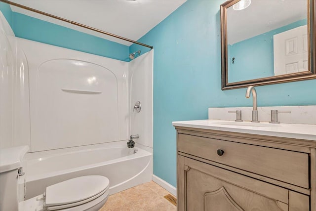 full bathroom featuring toilet, shower / bathing tub combination, tile patterned flooring, baseboards, and vanity