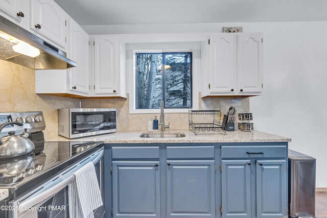 kitchen with under cabinet range hood, stainless steel appliances, blue cabinets, and a sink