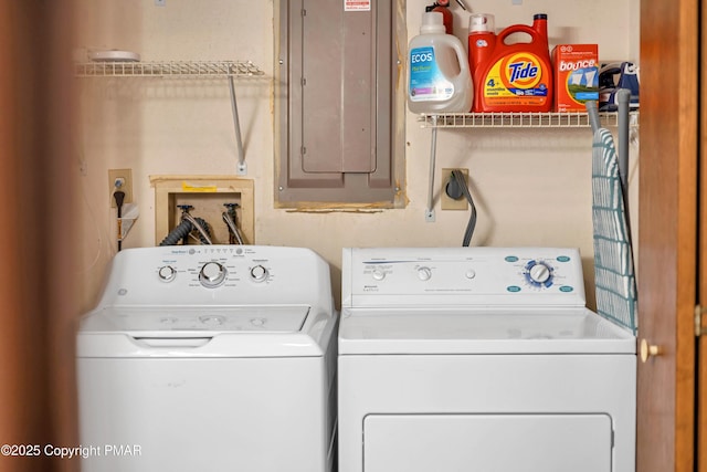 laundry room with electric panel, laundry area, and washer and dryer