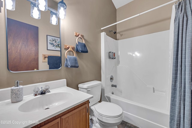 bathroom featuring vanity, toilet, and shower / tub combo with curtain