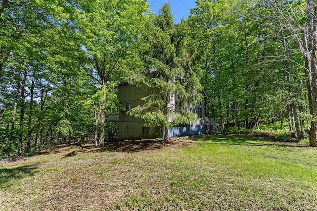103 Mountainside Dr, Gouldsboro, PA 18424 - view of grassy yard with stairway and a forest view