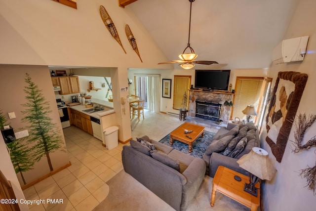 living area with beam ceiling, a fireplace, light tile patterned flooring, high vaulted ceiling, and a ceiling fan