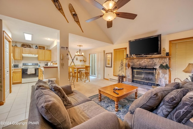 living area with light tile patterned floors, high vaulted ceiling, a stone fireplace, ceiling fan with notable chandelier, and baseboard heating