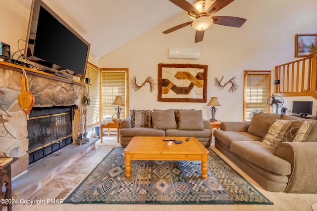 tiled living area with ceiling fan, a fireplace, high vaulted ceiling, and a wall unit AC