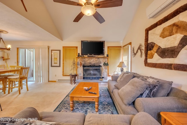 carpeted living room with high vaulted ceiling, a baseboard heating unit, a wall unit AC, a stone fireplace, and ceiling fan