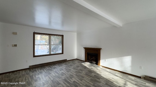 9860 Deerwood Dr, Tobyhanna, PA 18466 - unfurnished living room with a baseboard radiator, wood finished floors, beamed ceiling, a fireplace, and baseboards
