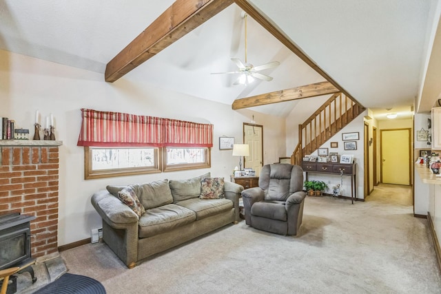 carpeted living area featuring ceiling fan, baseboard heating, stairway, baseboards, and lofted ceiling with beams