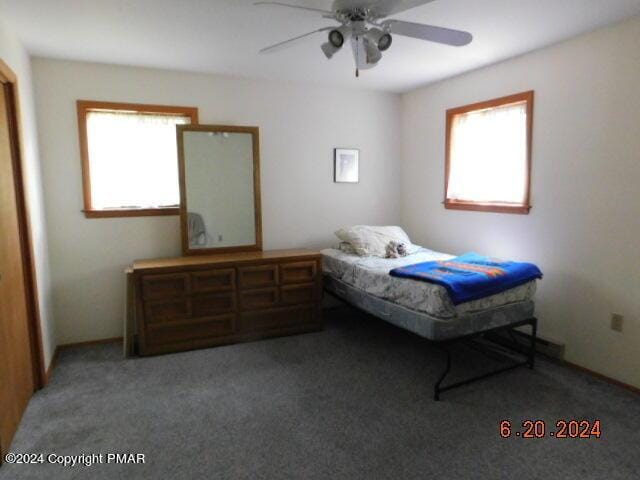 carpeted bedroom featuring multiple windows and ceiling fan