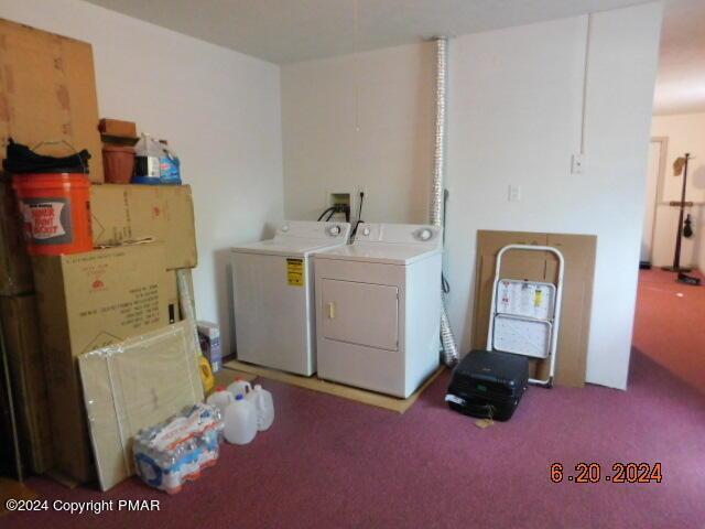 clothes washing area featuring independent washer and dryer and light colored carpet