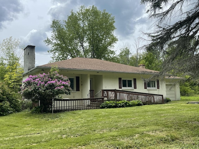 109 Union Mill Rd, Covington Township, PA 18444 - ranch-style house featuring a chimney, stucco siding, a front yard, and an attached garage