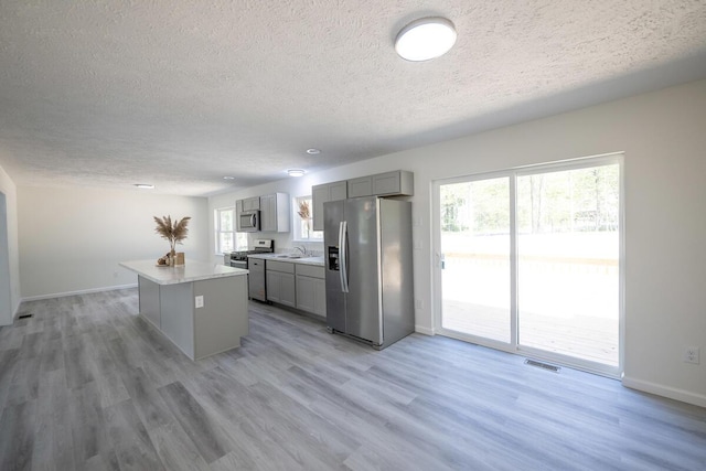 9133 Belvedere Rd # 5020, Tobyhanna, PA 18466 - kitchen with appliances with stainless steel finishes, gray cabinetry, a textured ceiling, a sink, and a kitchen island