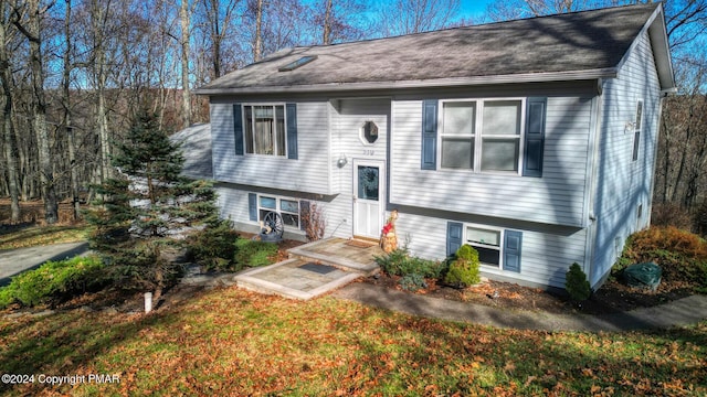 split foyer home with entry steps, a shingled roof, and a front lawn